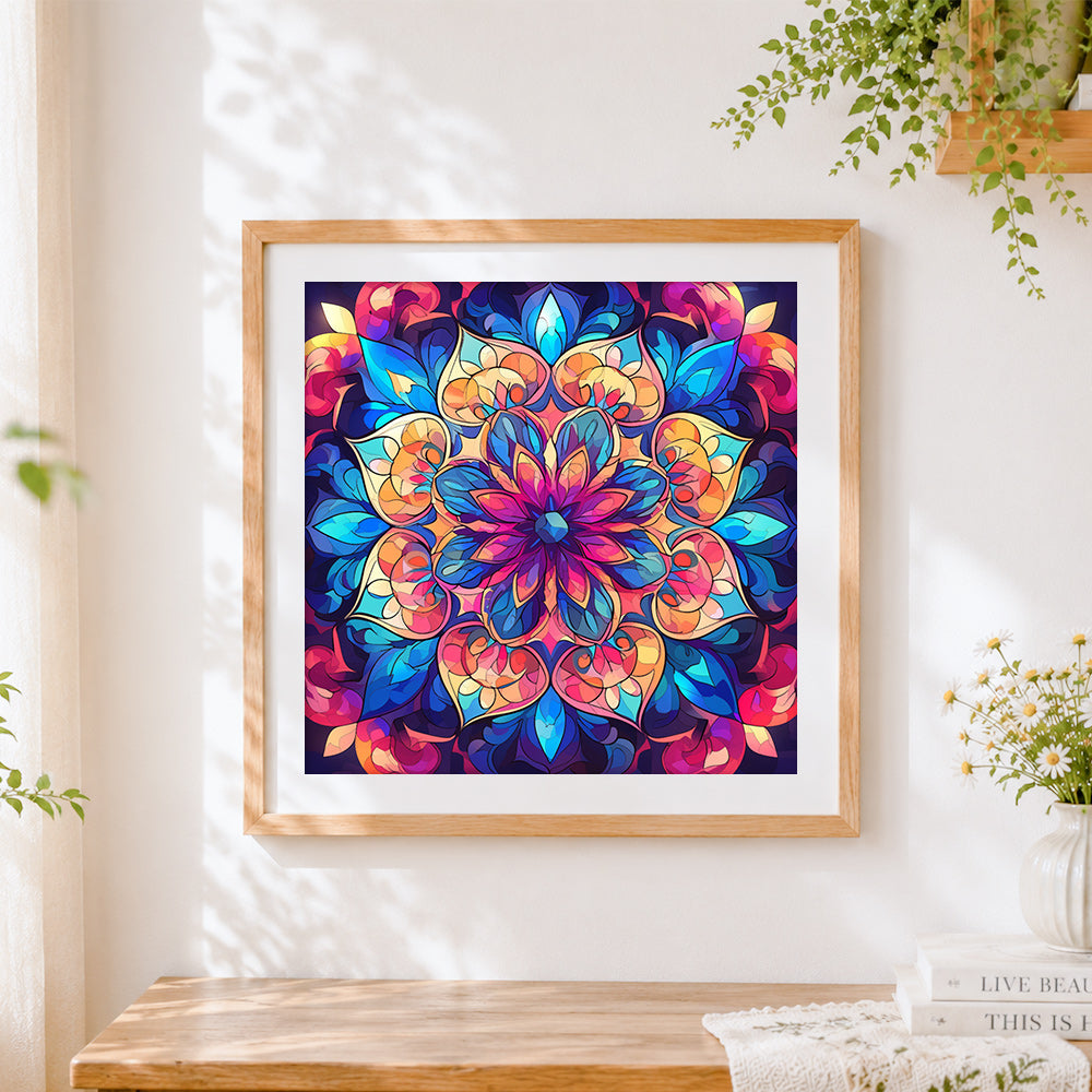 Finished colourful geometric mandala cross stitch artwork displayed