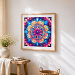 Colourful geometric mandala cross stitch artwork displayed on wall as home decor