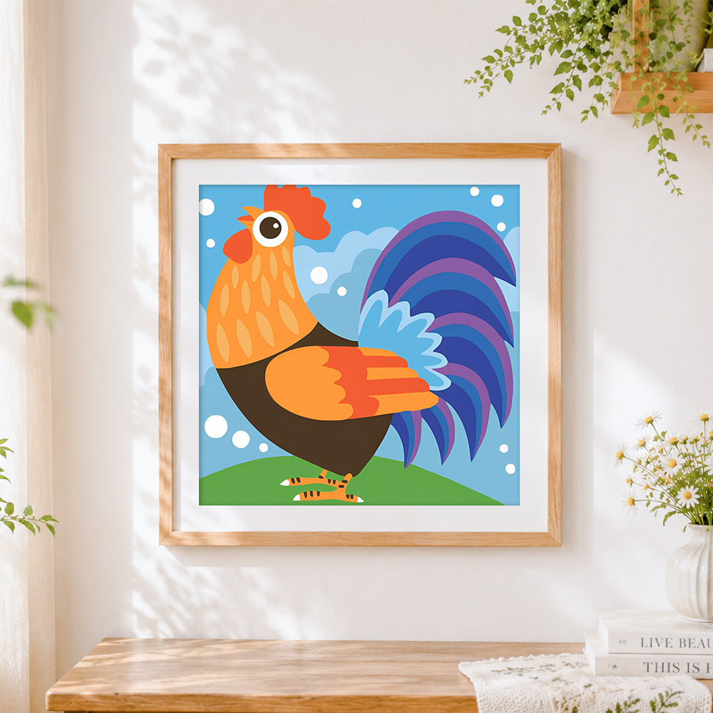 Finished colourful geometric rooster cross stitch artwork displayed