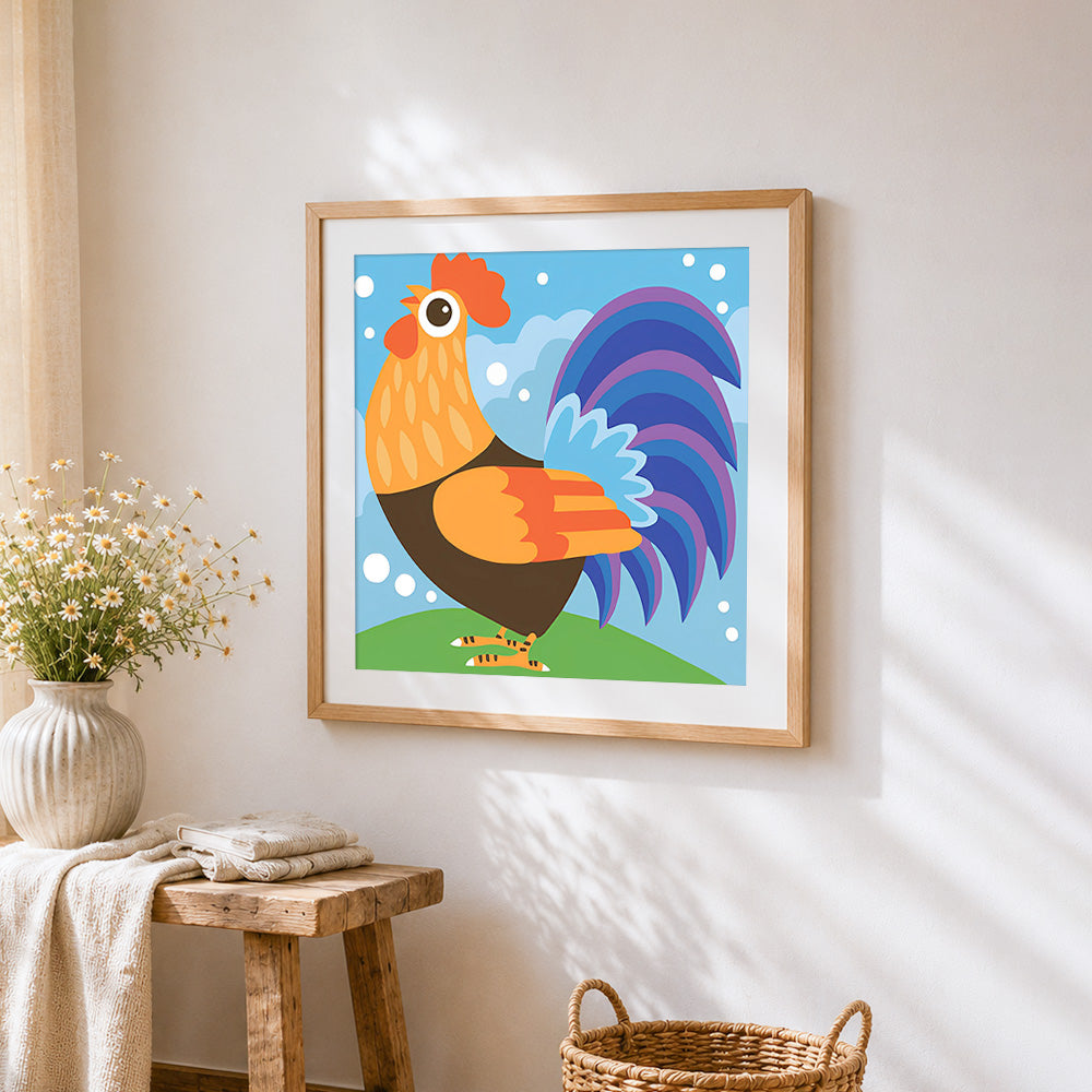 Colourful geometric rooster cross stitch artwork displayed on wall as home decor