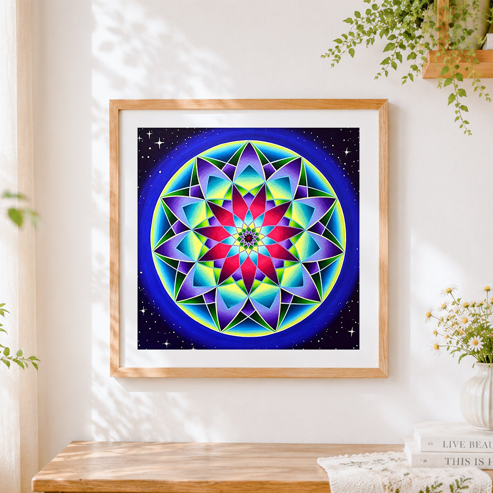 Finished colourful geometric star mandala cross stitch artwork displayed