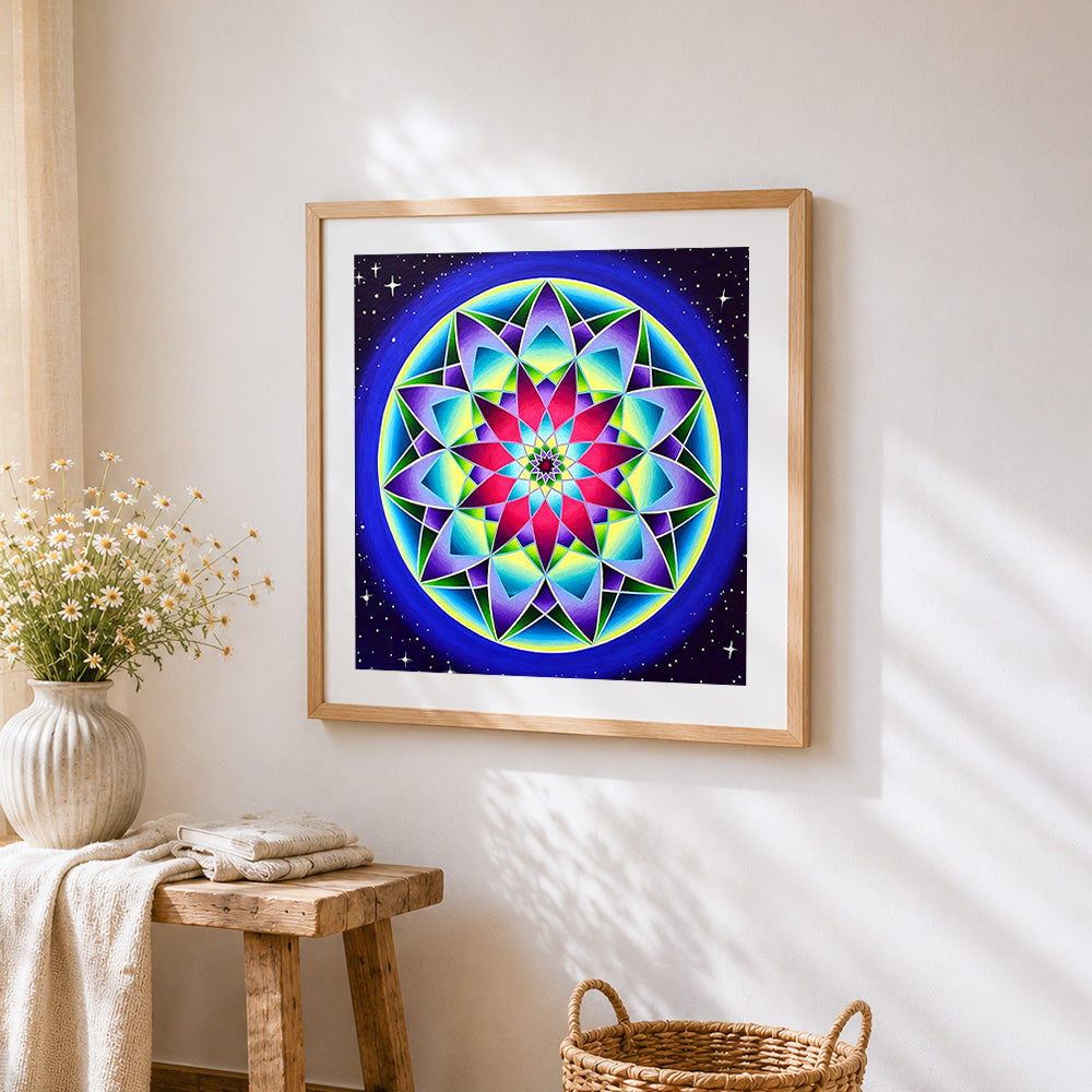 Colourful geometric star mandala cross stitch artwork displayed on wall as home decor
