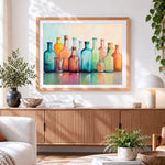 Finished colourful glass bottles paint by numbers artwork displayed as home decor