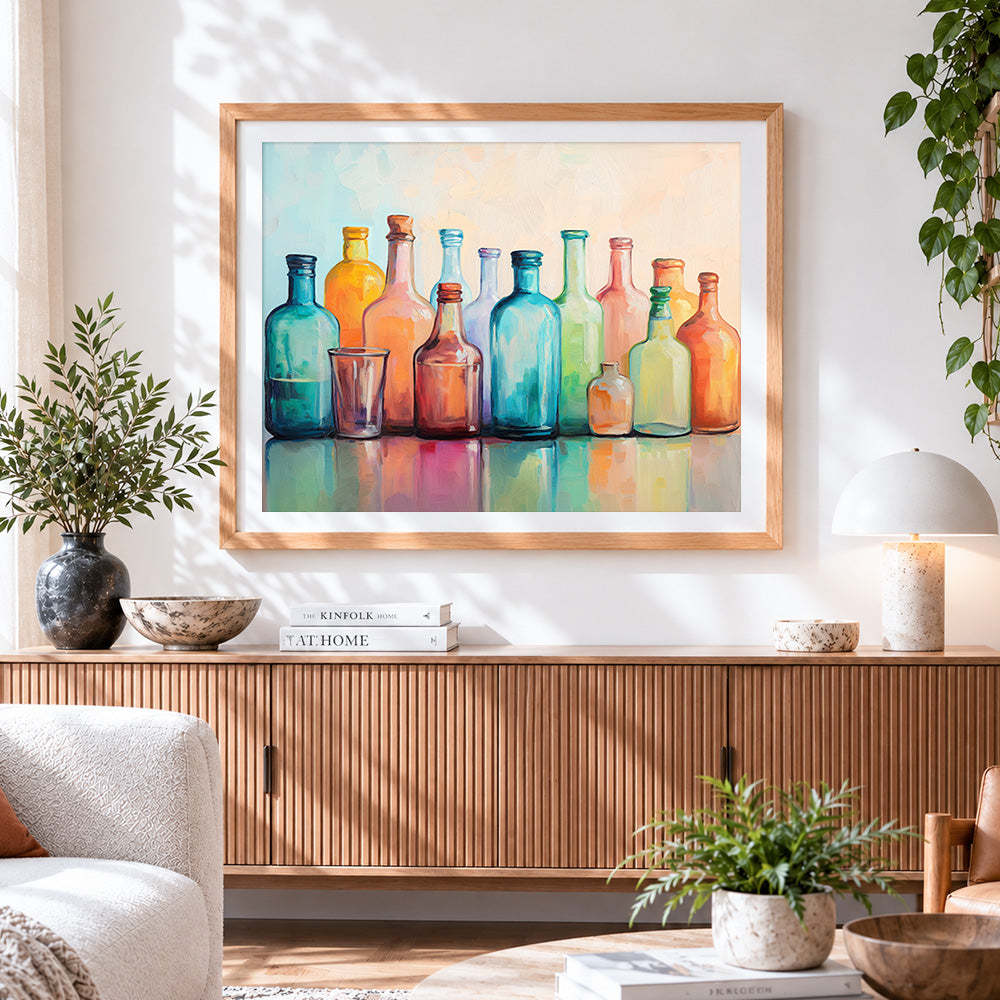 Finished colourful glass bottles paint by numbers artwork displayed as home decor