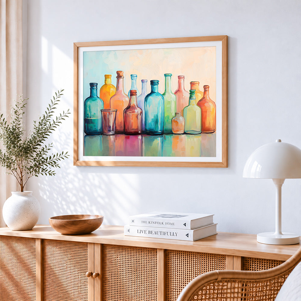 Colourful glass bottles paint by numbers artwork displayed on wall as home decor