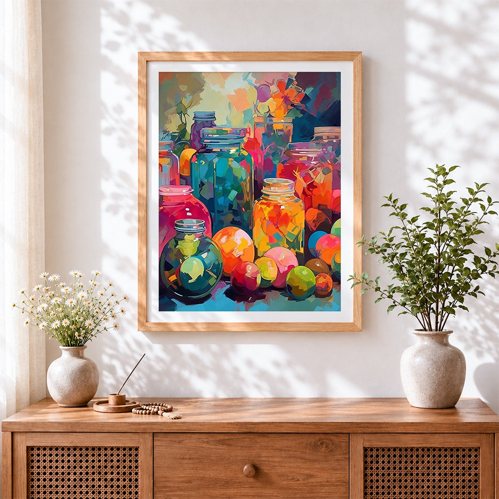 Finished colourful glass jars and fruit cross stitch artwork displayed