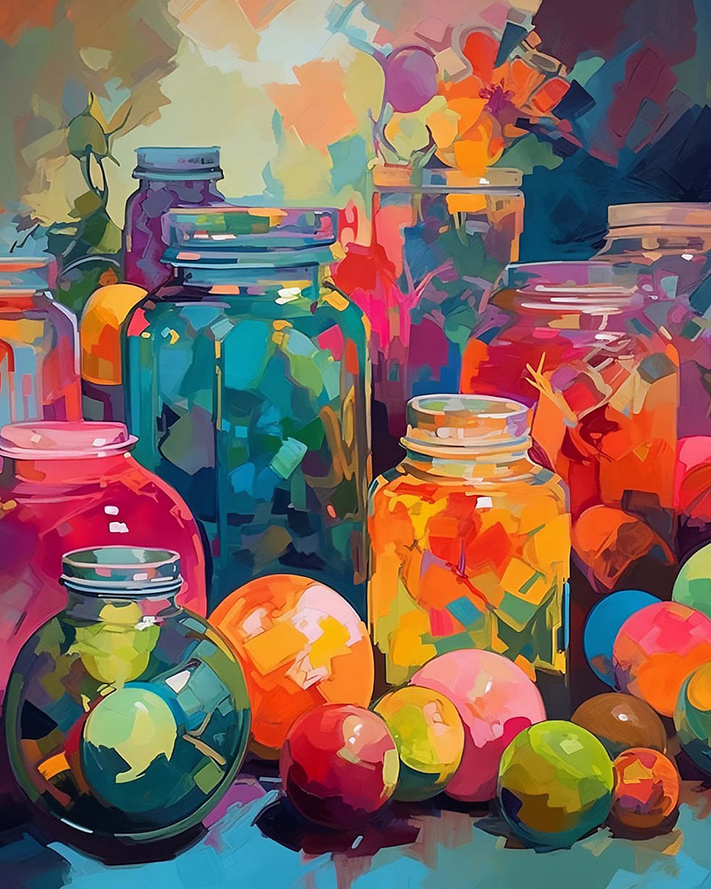 Colourful glass jars and fruit cross stitch kit for beginners