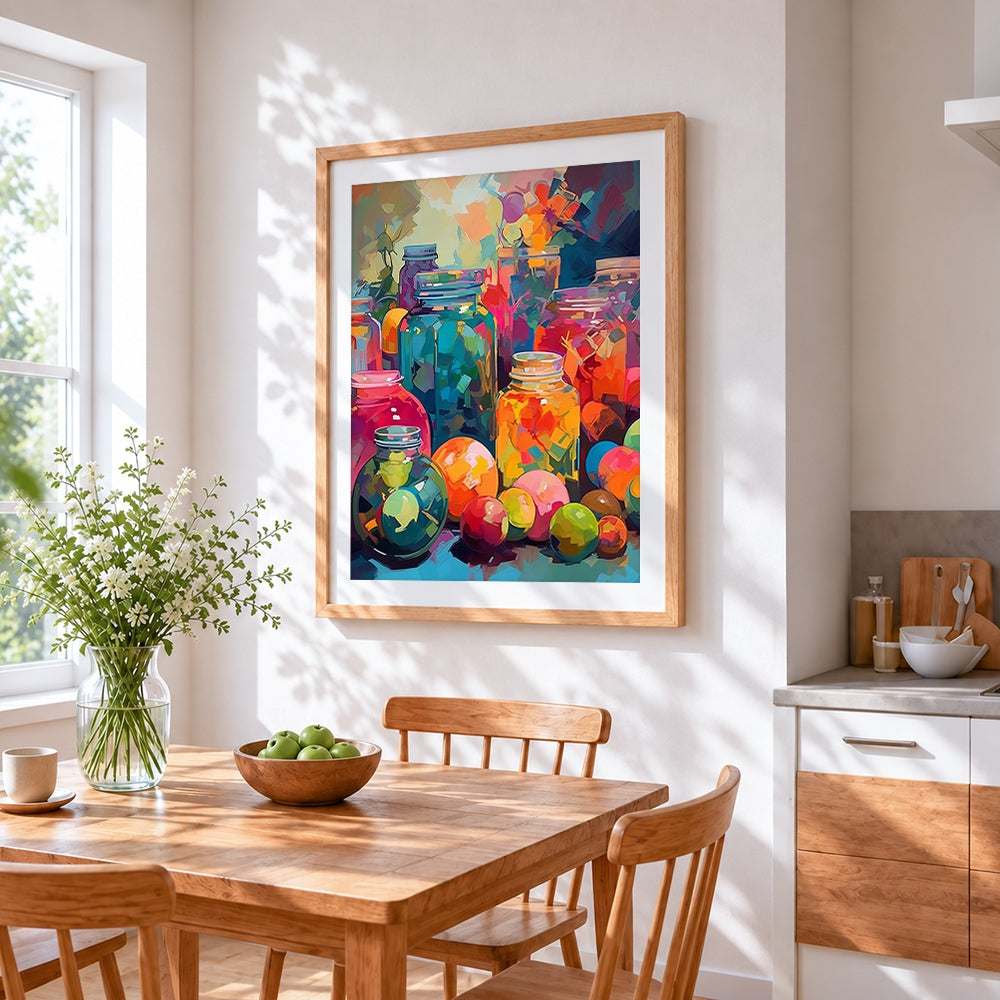 Colourful glass jars and fruit cross stitch artwork displayed on wall as home decor