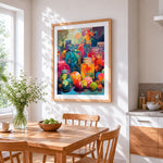 Colourful glass jars and fruit cross stitch artwork displayed on wall as home decor