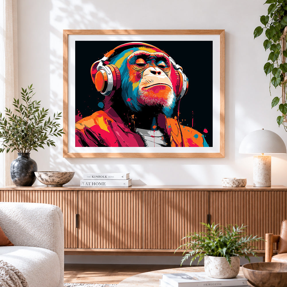 Finished colourful gorilla with headphones cross stitch artwork displayed