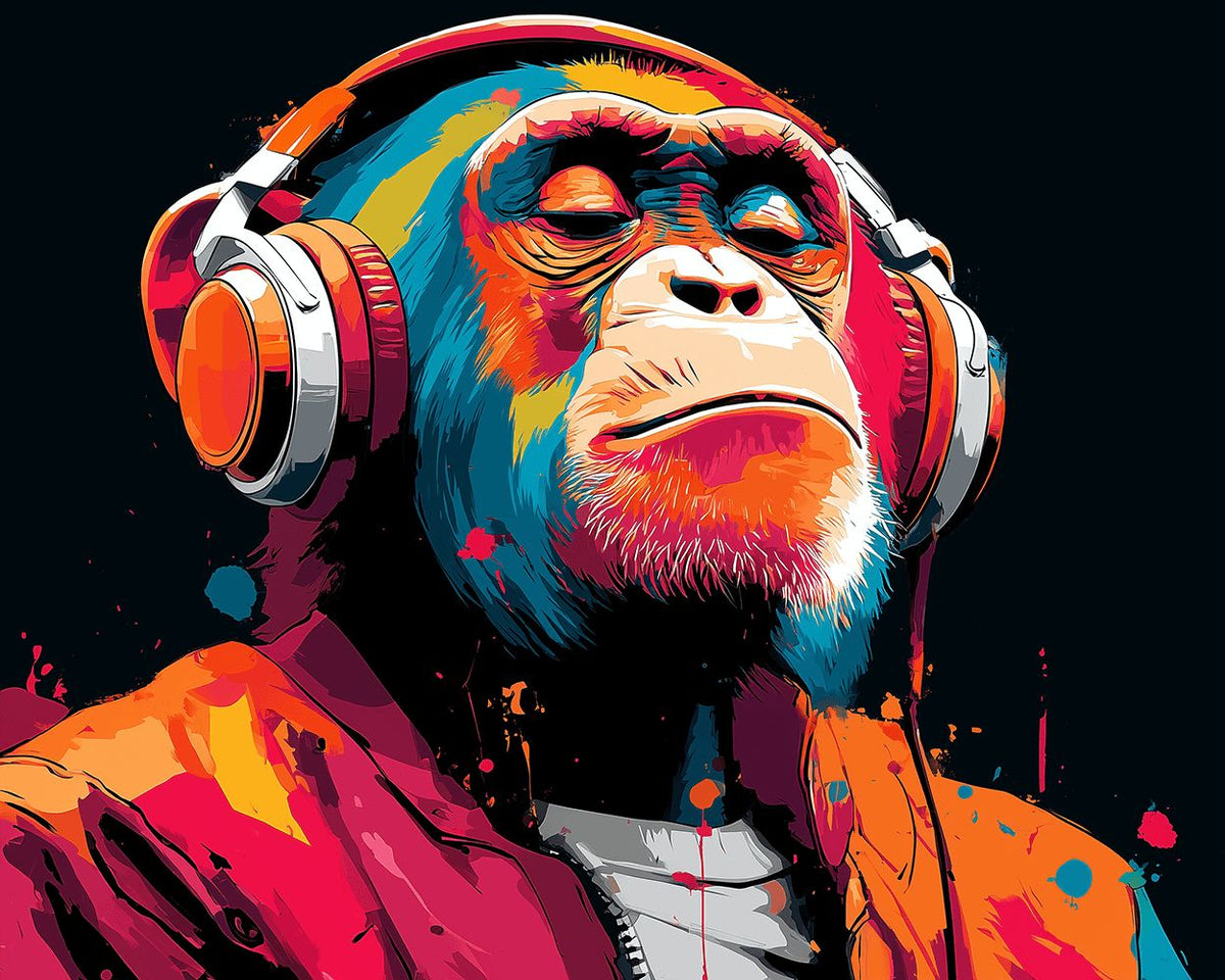 Colourful gorilla with headphones cross stitch kit for beginners