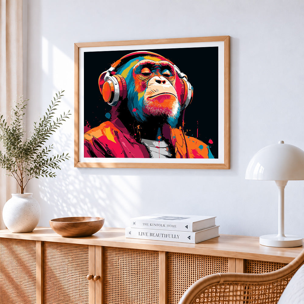 Colourful gorilla with headphones paint by numbers artwork displayed on wall as home decor