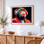 Colourful gorilla with headphones paint by numbers artwork displayed on wall as home decor