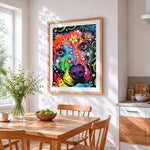 Colourful graffiti dog cross stitch artwork displayed on wall as home decor