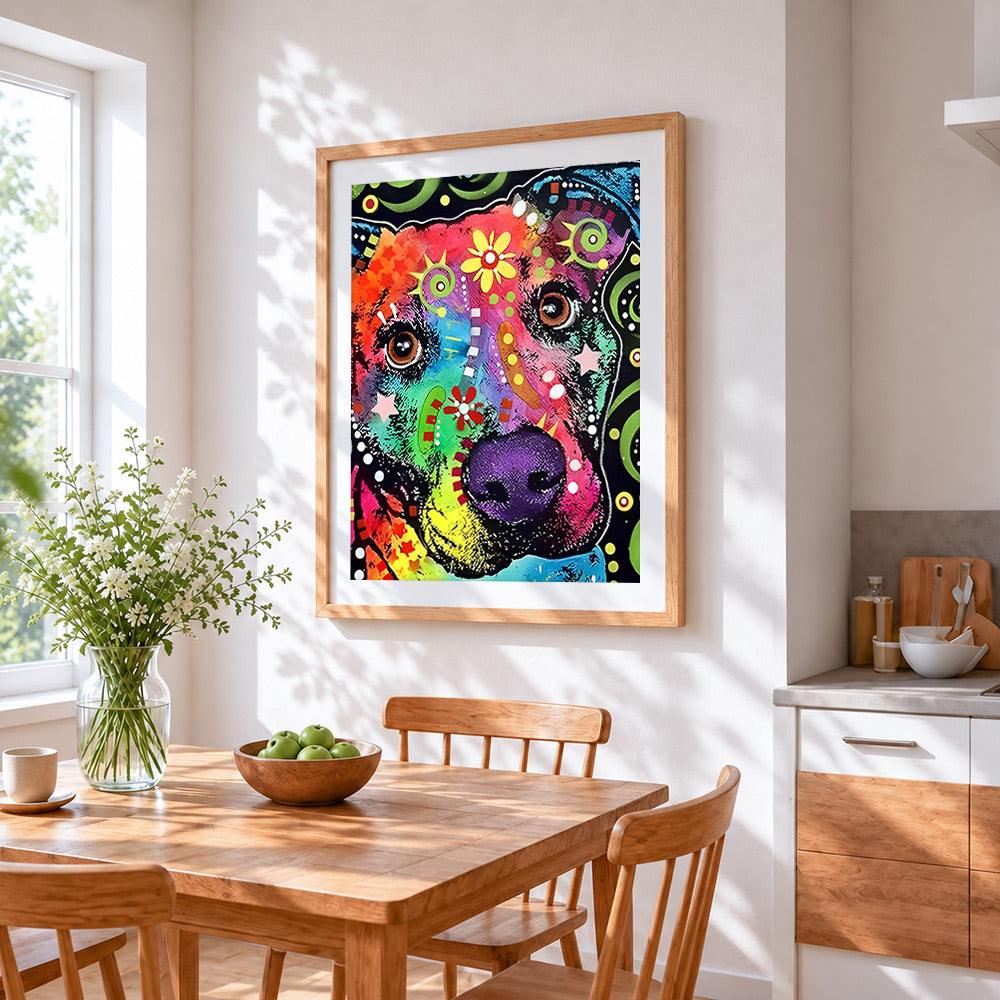 Colourful graffiti dog cross stitch artwork displayed on wall as home decor