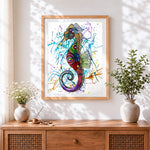 Finished colourful graffiti seahorse cross stitch artwork displayed