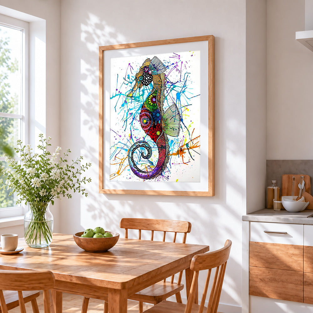 Colourful graffiti seahorse cross stitch artwork displayed on wall as home decor
