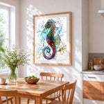 Colourful graffiti seahorse cross stitch artwork displayed on wall as home decor