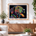 Finished colourful graffiti style dog cross stitch artwork displayed