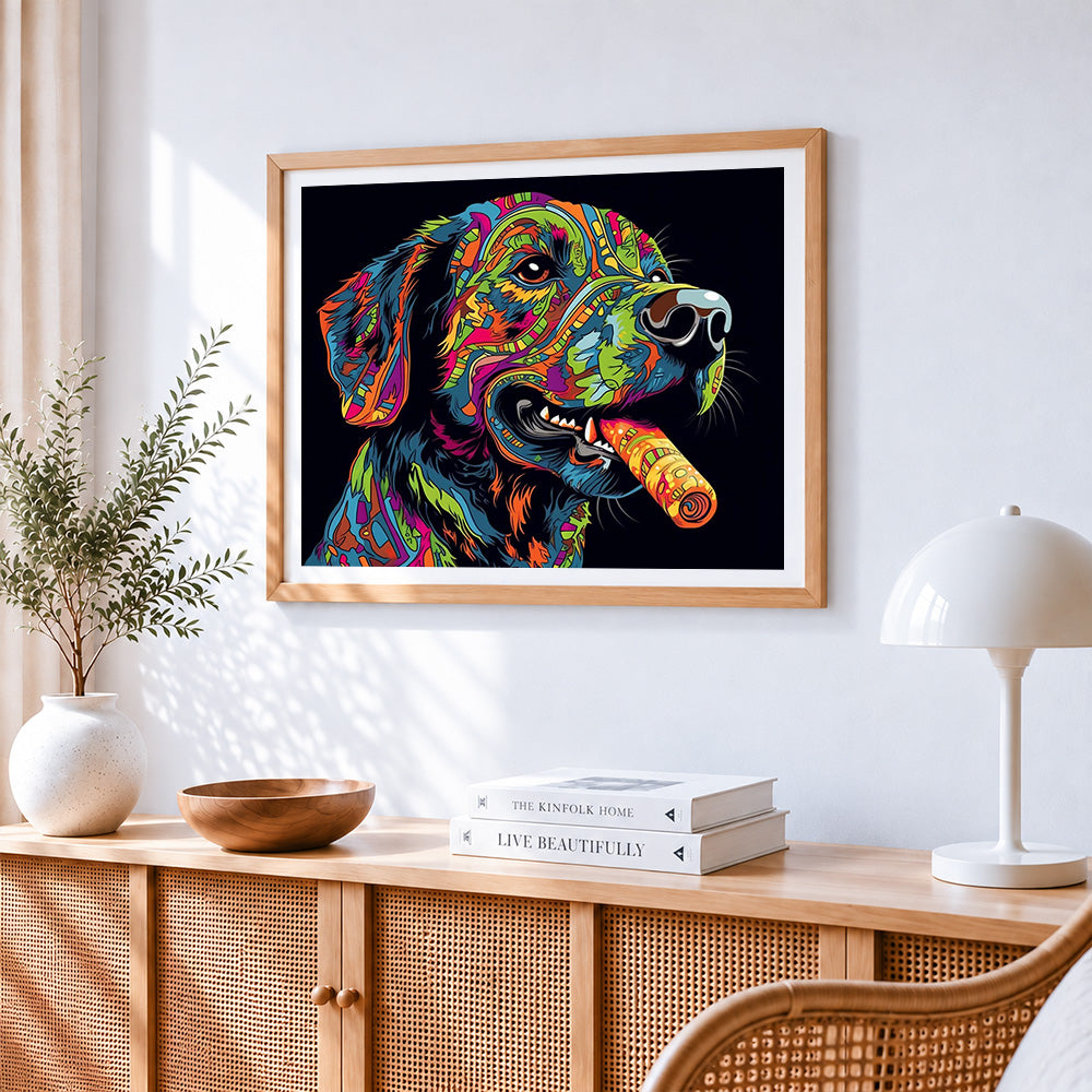 Colourful graffiti style dog cross stitch artwork displayed on wall as home decor