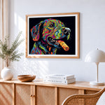 Colourful graffiti style dog paint by numbers artwork displayed on wall as home decor