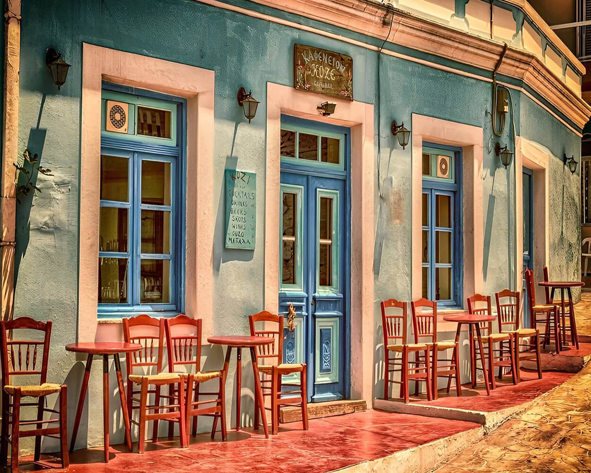 Colourful greek taverna cross stitch kit for beginners