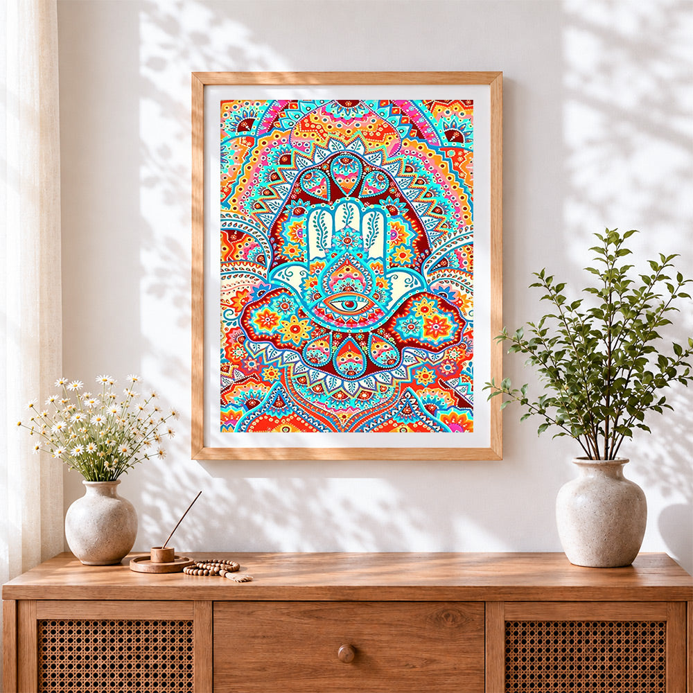 Finished colourful hamsa hand mandala cross stitch artwork displayed