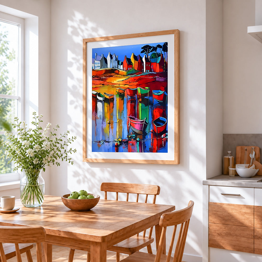 Colourful harbour cross stitch artwork displayed on wall as home decor