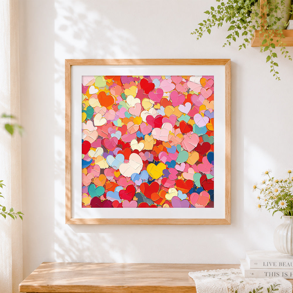 Finished colourful heart collage cross stitch artwork displayed