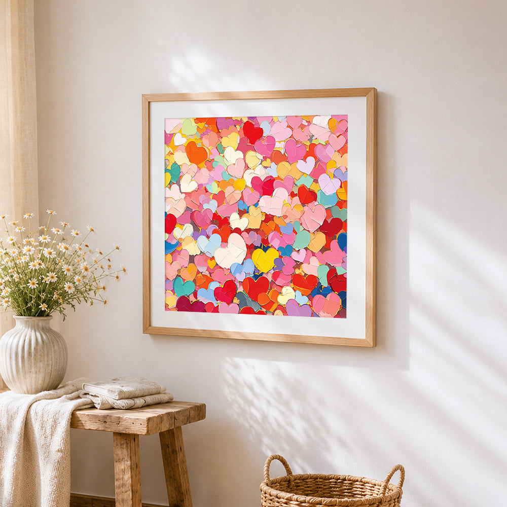 Colourful heart collage cross stitch artwork displayed on wall as home decor