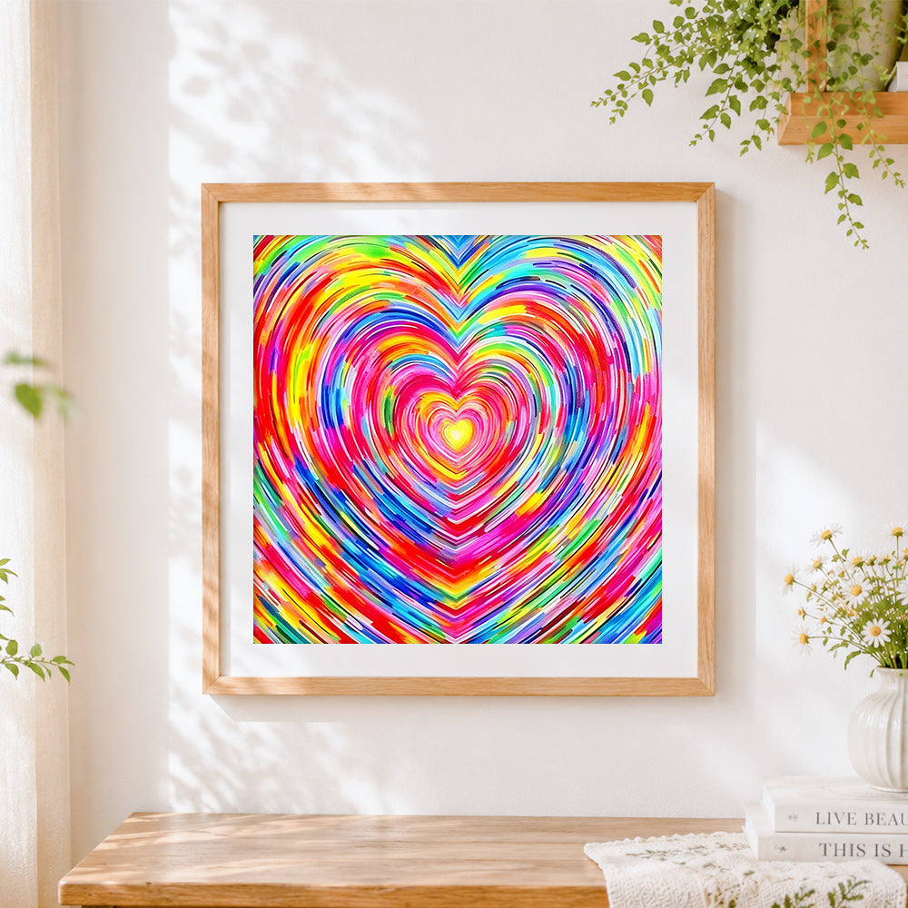 Finished colourful heart swirl cross stitch artwork displayed
