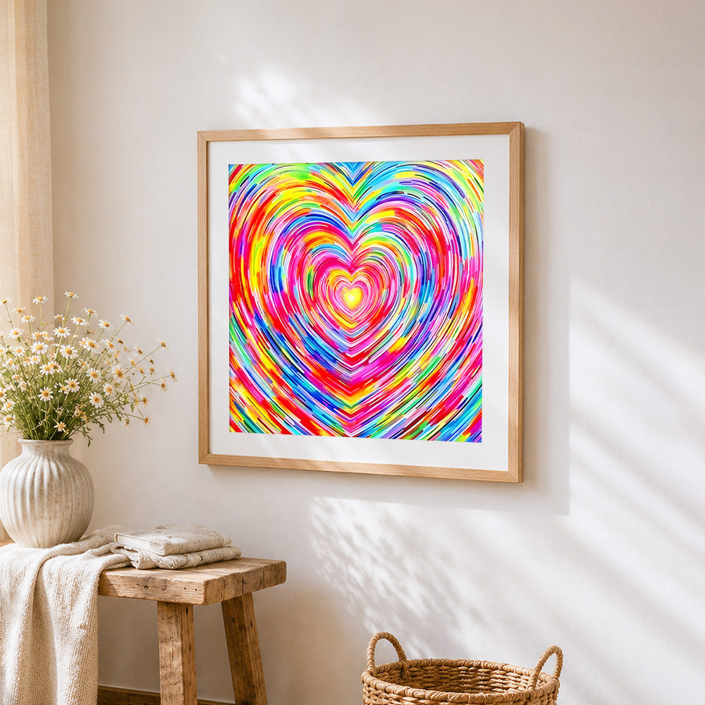 Colourful heart swirl cross stitch artwork displayed on wall as home decor