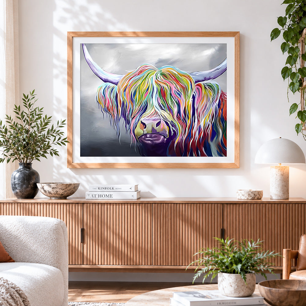 Finished colourful highland cow cross stitch artwork displayed