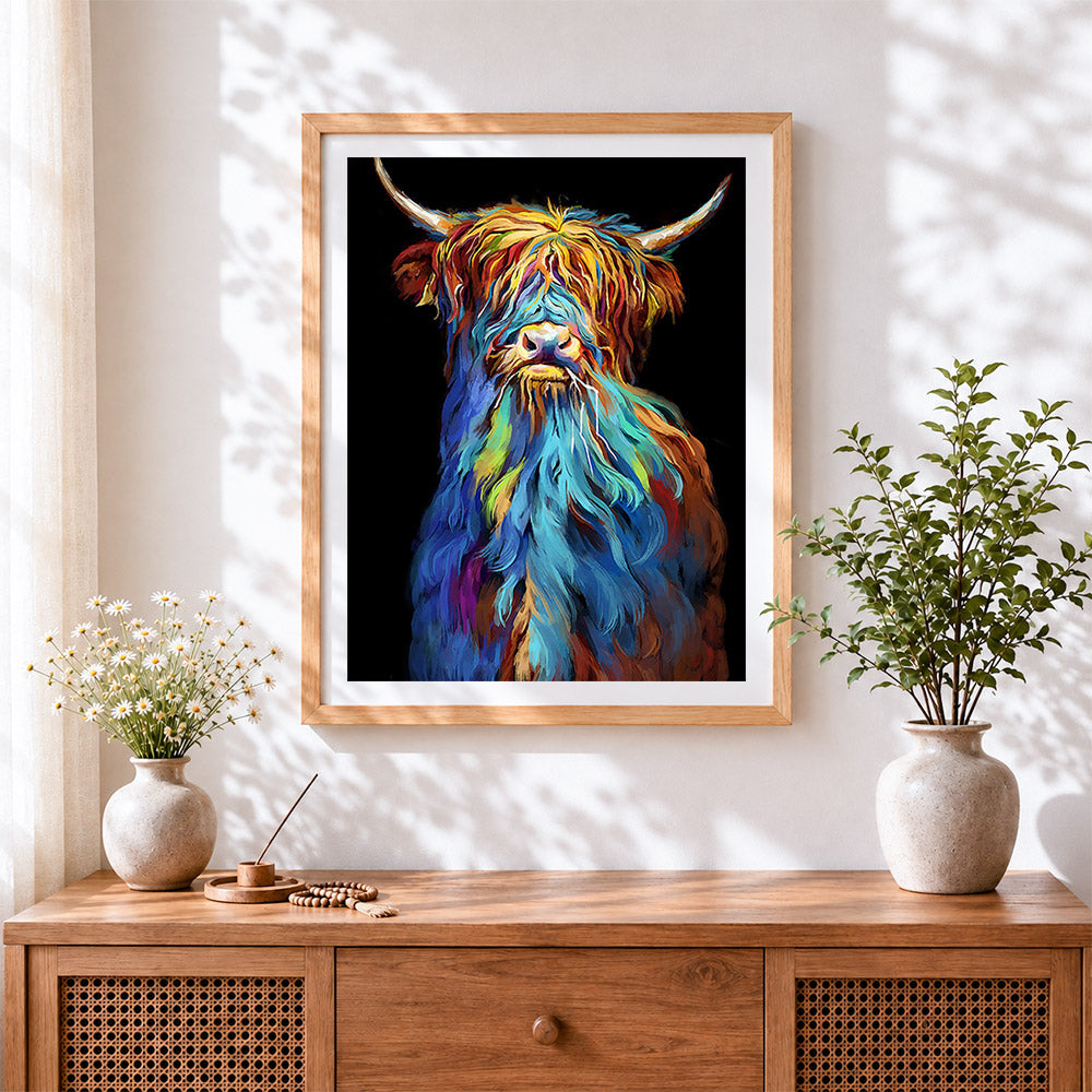 Finished colourful highland cow in the dark cross stitch artwork displayed