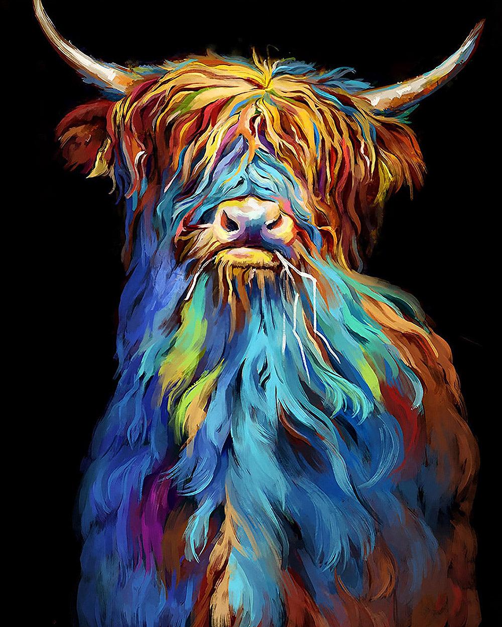 Colourful highland cow in the dark cross stitch kit for beginners