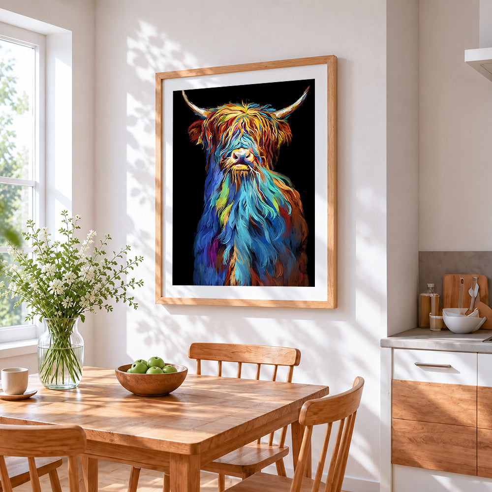 Colourful highland cow in the dark cross stitch artwork displayed on wall as home decor