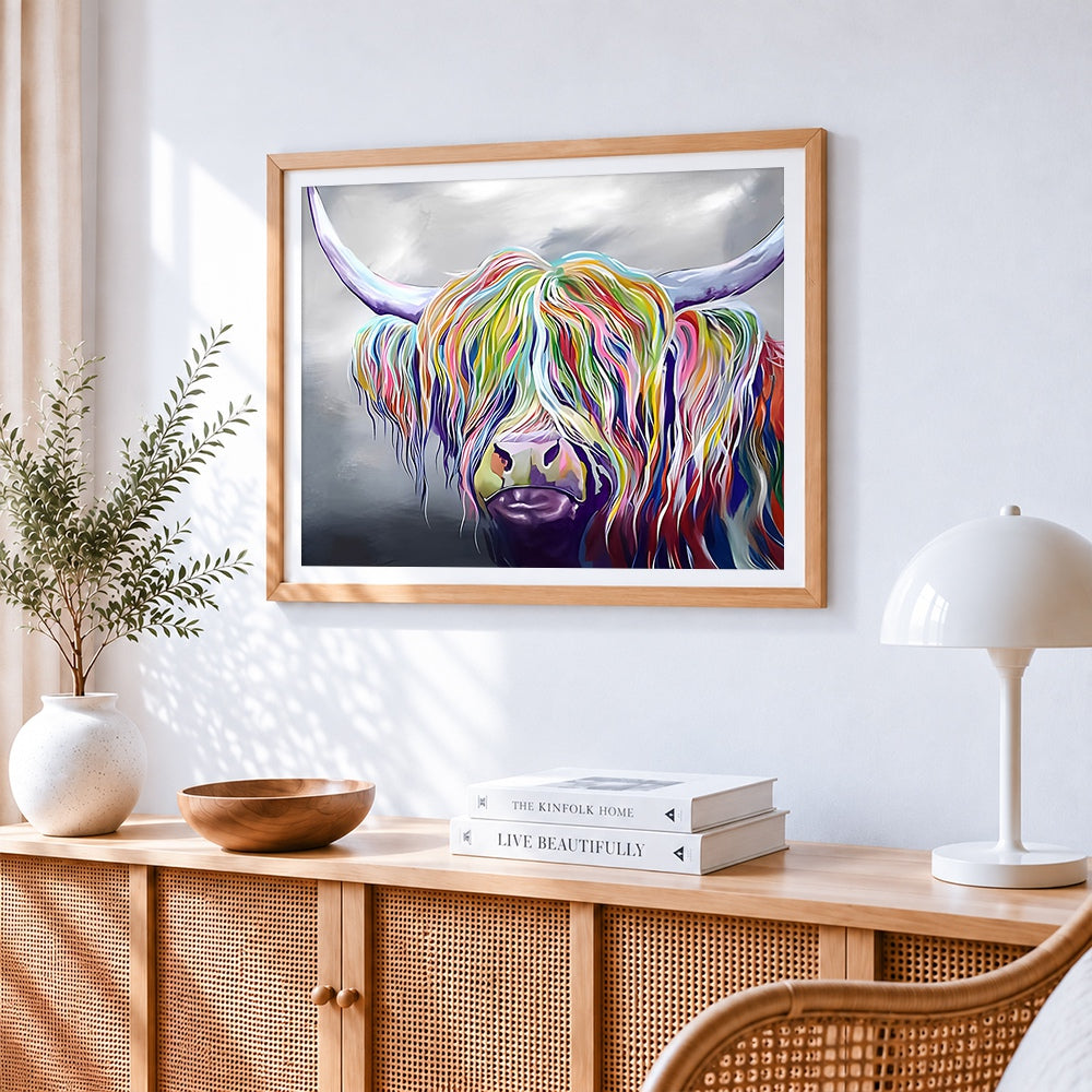 Colourful highland cow paint by numbers artwork displayed on wall as home decor