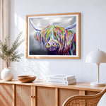 Colourful highland cow paint by numbers artwork displayed on wall as home decor