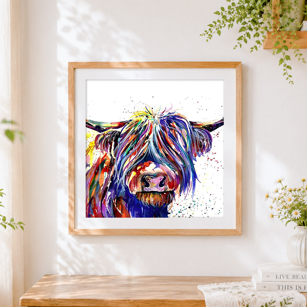 Finished colourful highland cow splatter art paint by numbers artwork displayed as home decor