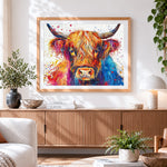 Finished colourful highland cow watercolour art cross stitch artwork displayed