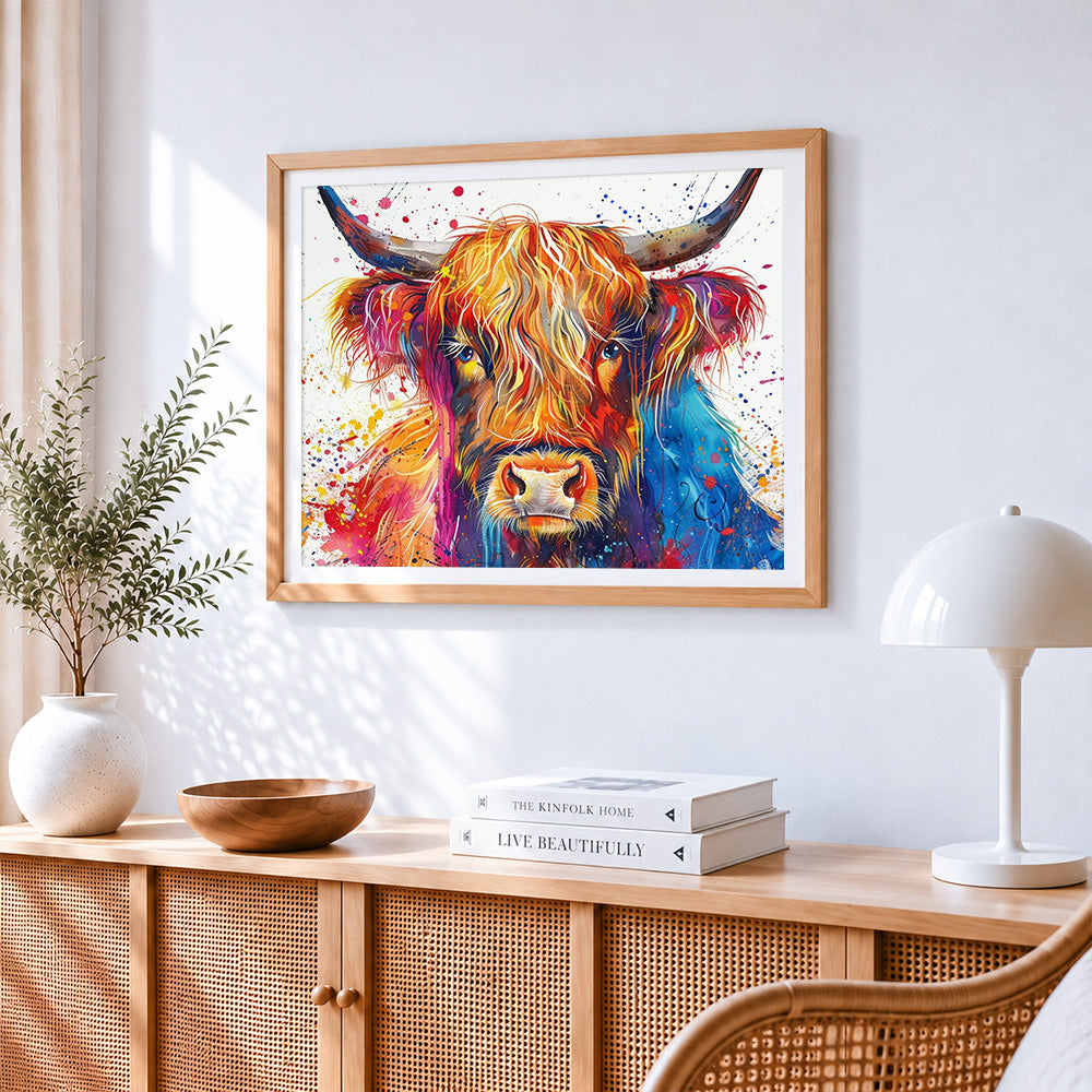 Colourful highland cow watercolour art cross stitch artwork displayed on wall as home decor