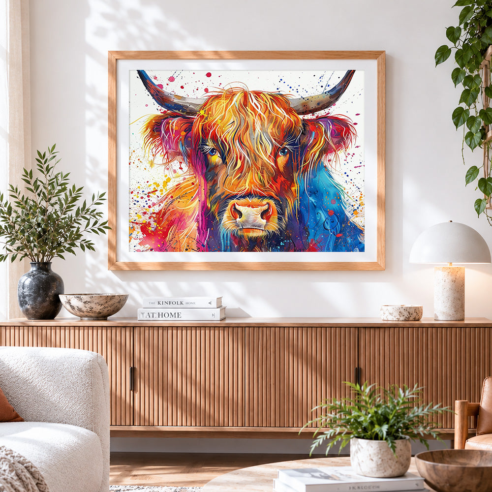 Finished colourful highland cow watercolour art paint by numbers artwork displayed as home decor