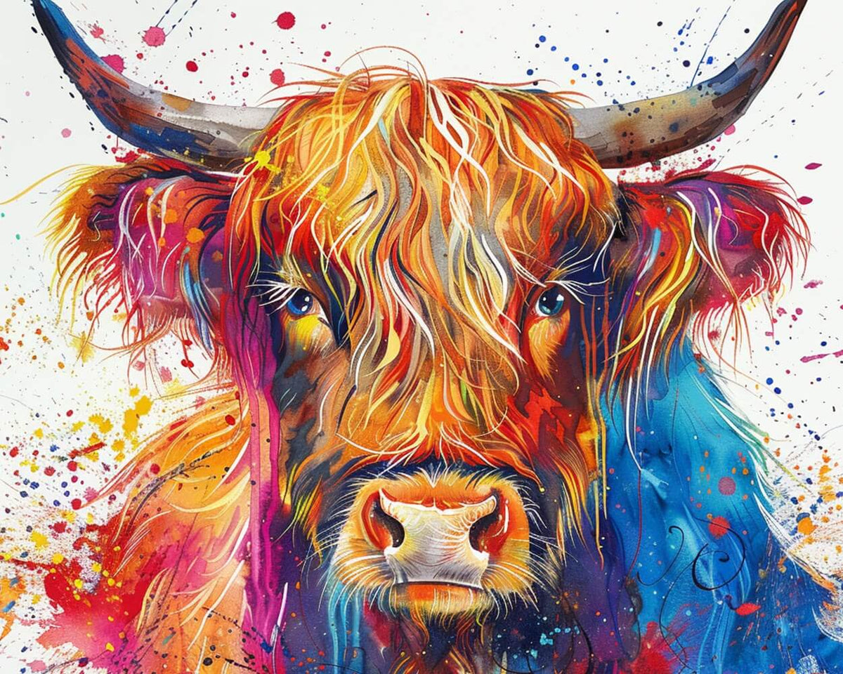 Colourful highland cow watercolour art paint by numbers kit for beginners