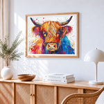 Colourful highland cow watercolour art paint by numbers artwork displayed on wall as home decor