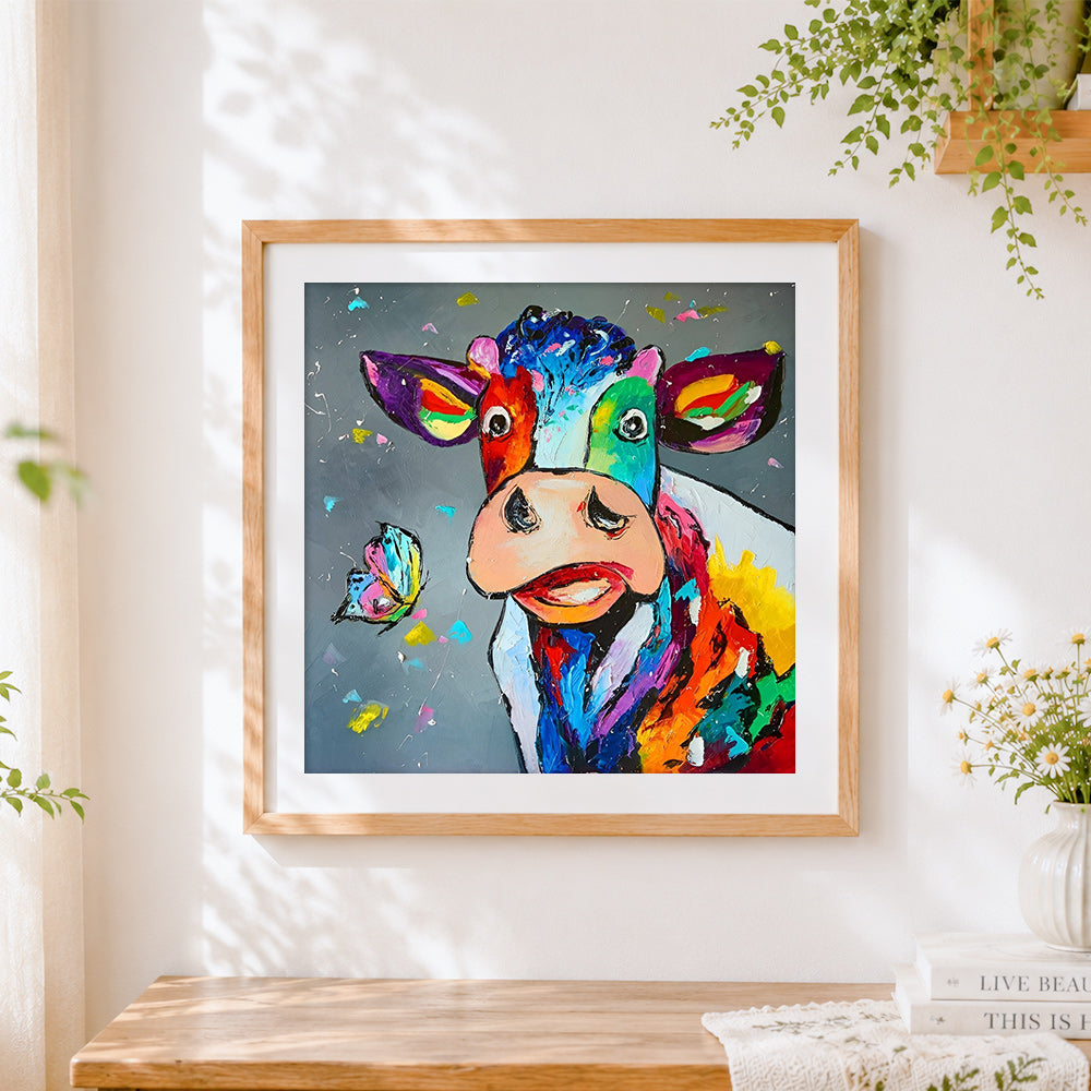 Finished colourful highland cow with butterfly cross stitch artwork displayed
