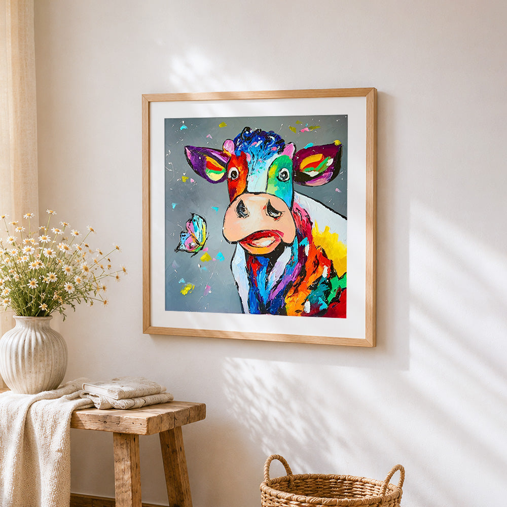 Colourful highland cow with butterfly paint by numbers artwork displayed on wall as home decor