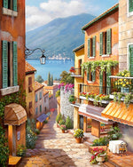Colourful hillside village and café cross stitch kit for beginners
