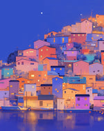 Colourful hillside village at night cross stitch kit for beginners
