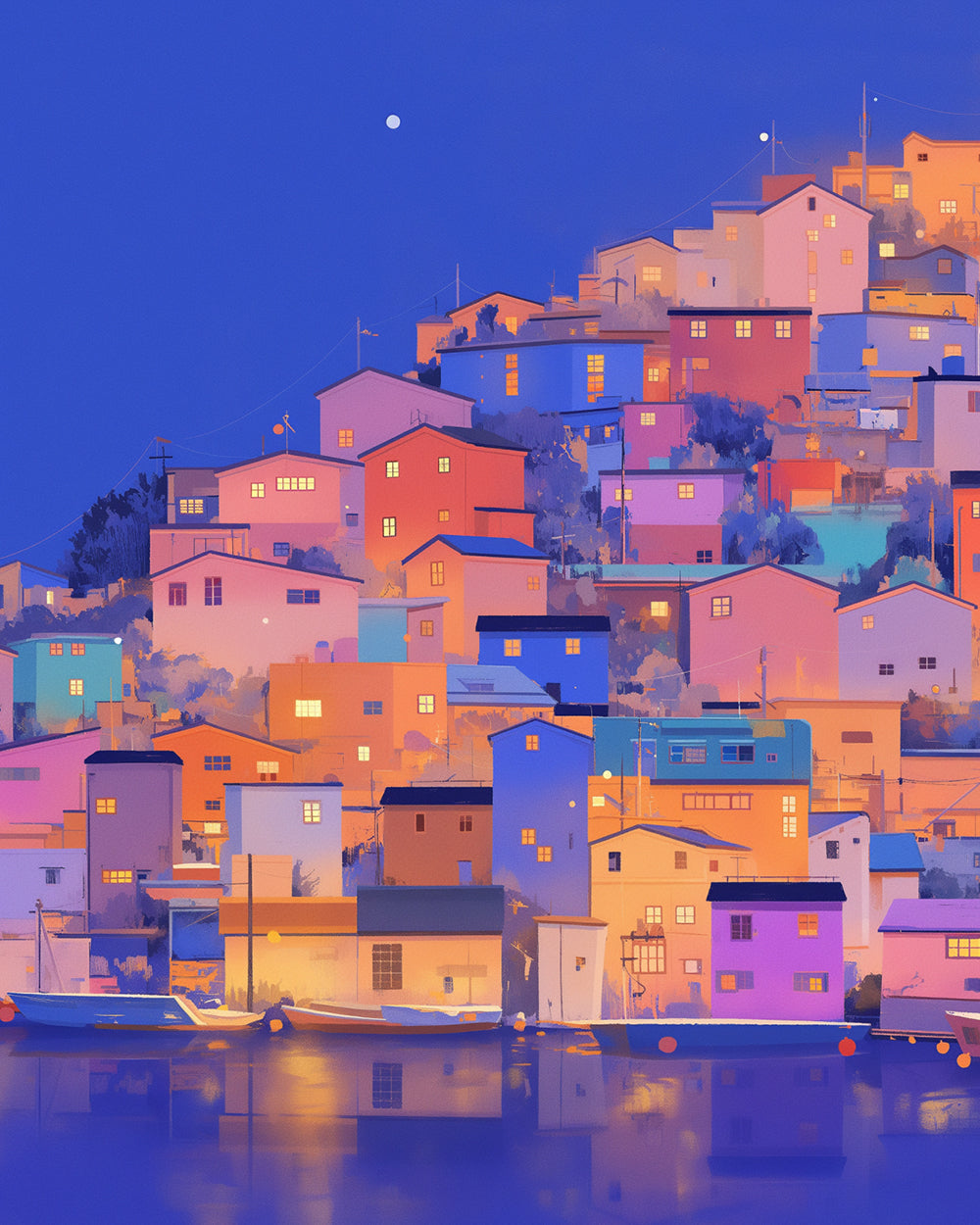 Colourful hillside village at night cross stitch kit for beginners
