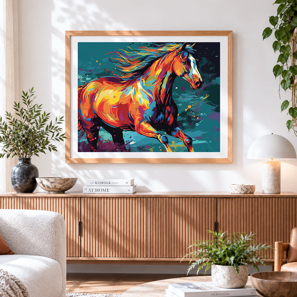 Finished colourful horse running paint by numbers artwork displayed as home decor